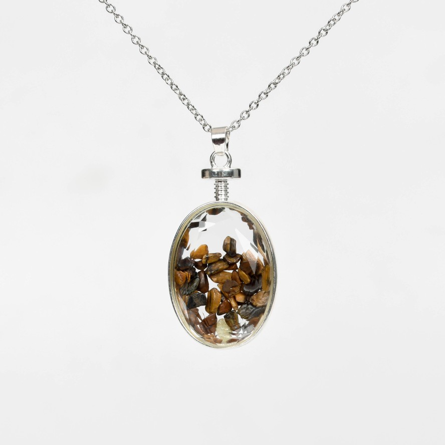 Crystal Chips In Oval Glass Pendant Necklace